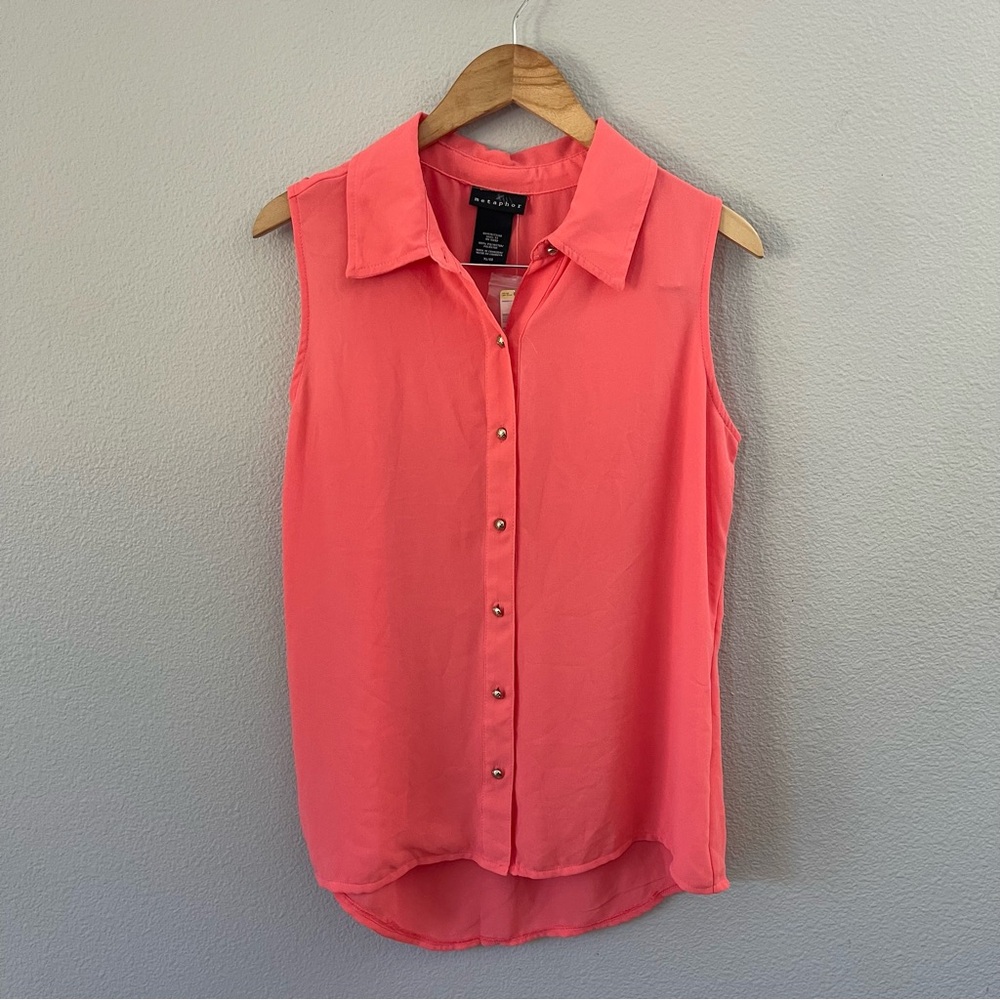 Metaphor Coral Button Down Sleeveless Shirt Top Blouse Size XL